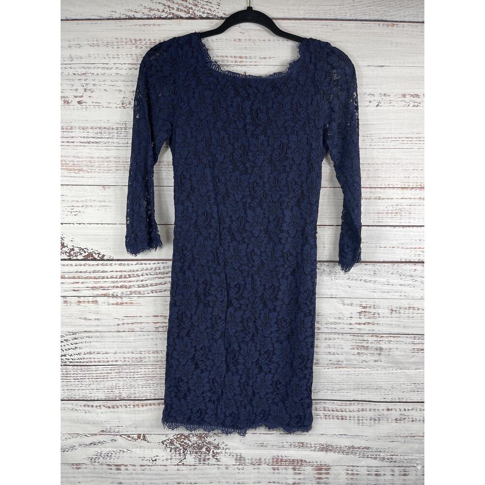Diane von Furstenberg Dress Women's 2 Navy Blue Lace Zarita Sheath 3/4 Sleeve